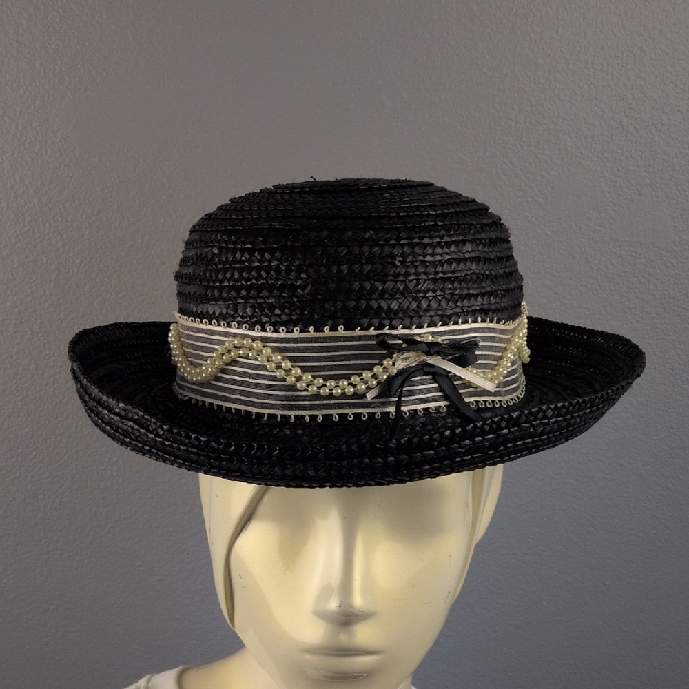 Elegant Black Women's Church Hat with Pearl And Lace Ribbon Accents